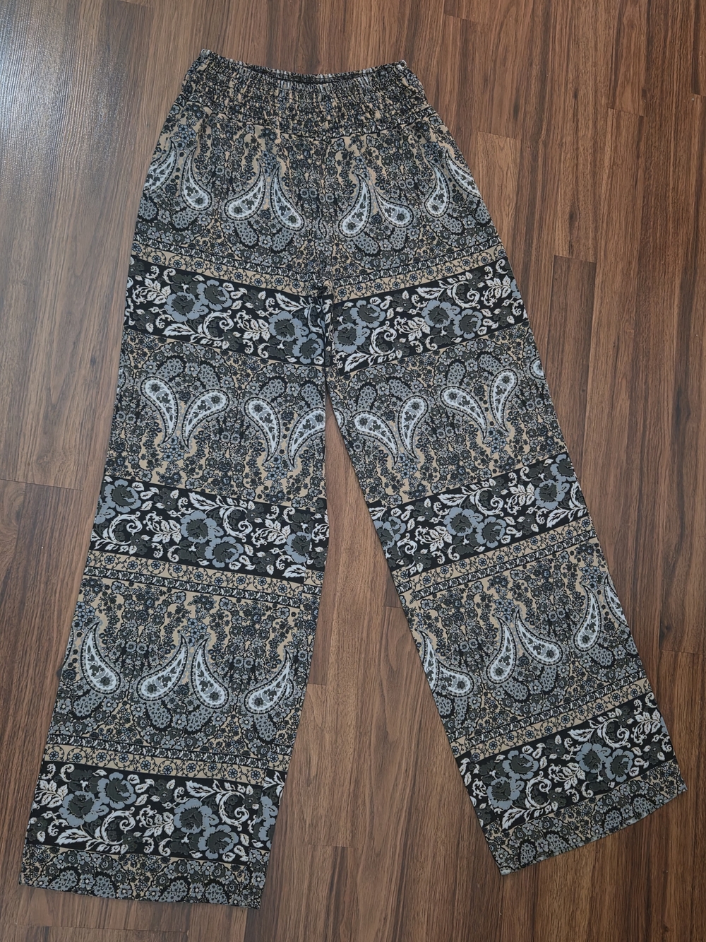 Pink Rose Black and Tan Paisley Wide-Leg Pants